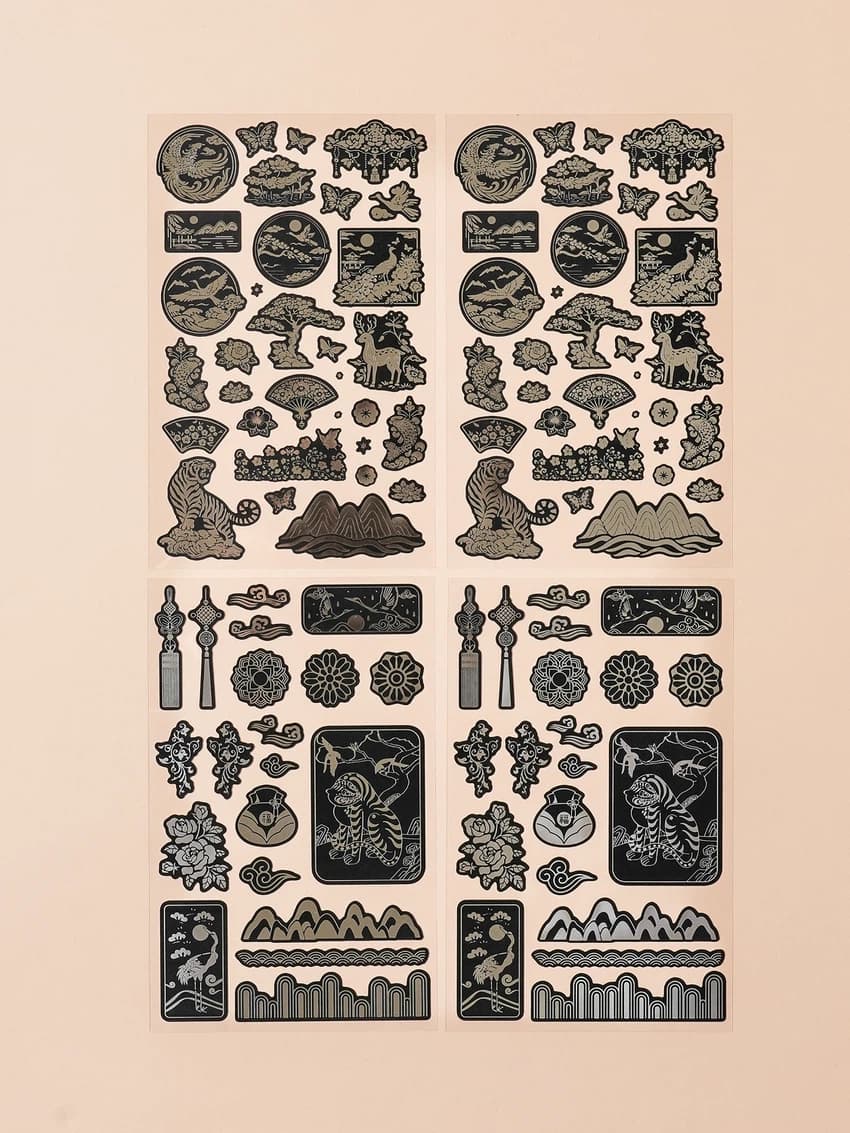 Stickers Tradicionales Coreanos con Foil Plateado DAISO, 4 hojas